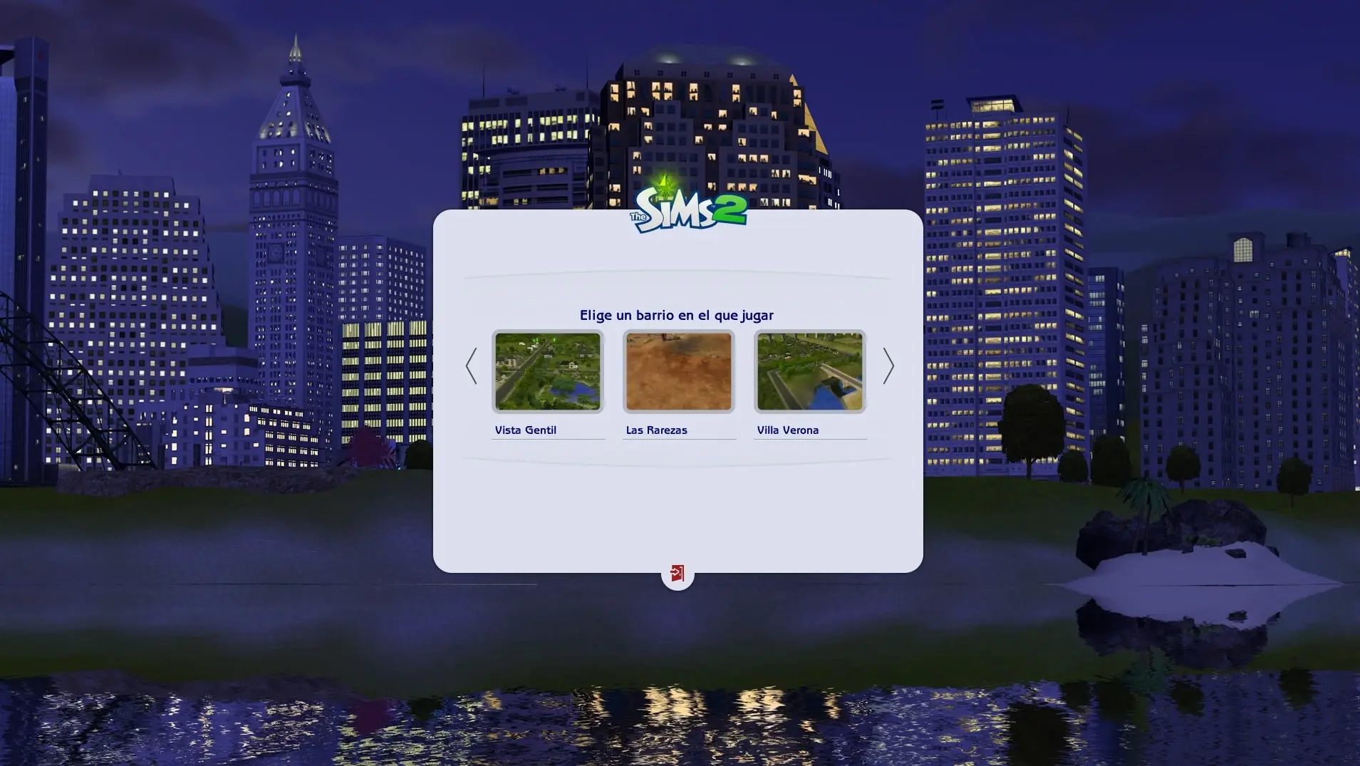 Mod Clean UI en la pantalla de barrios de Los Sims 2.